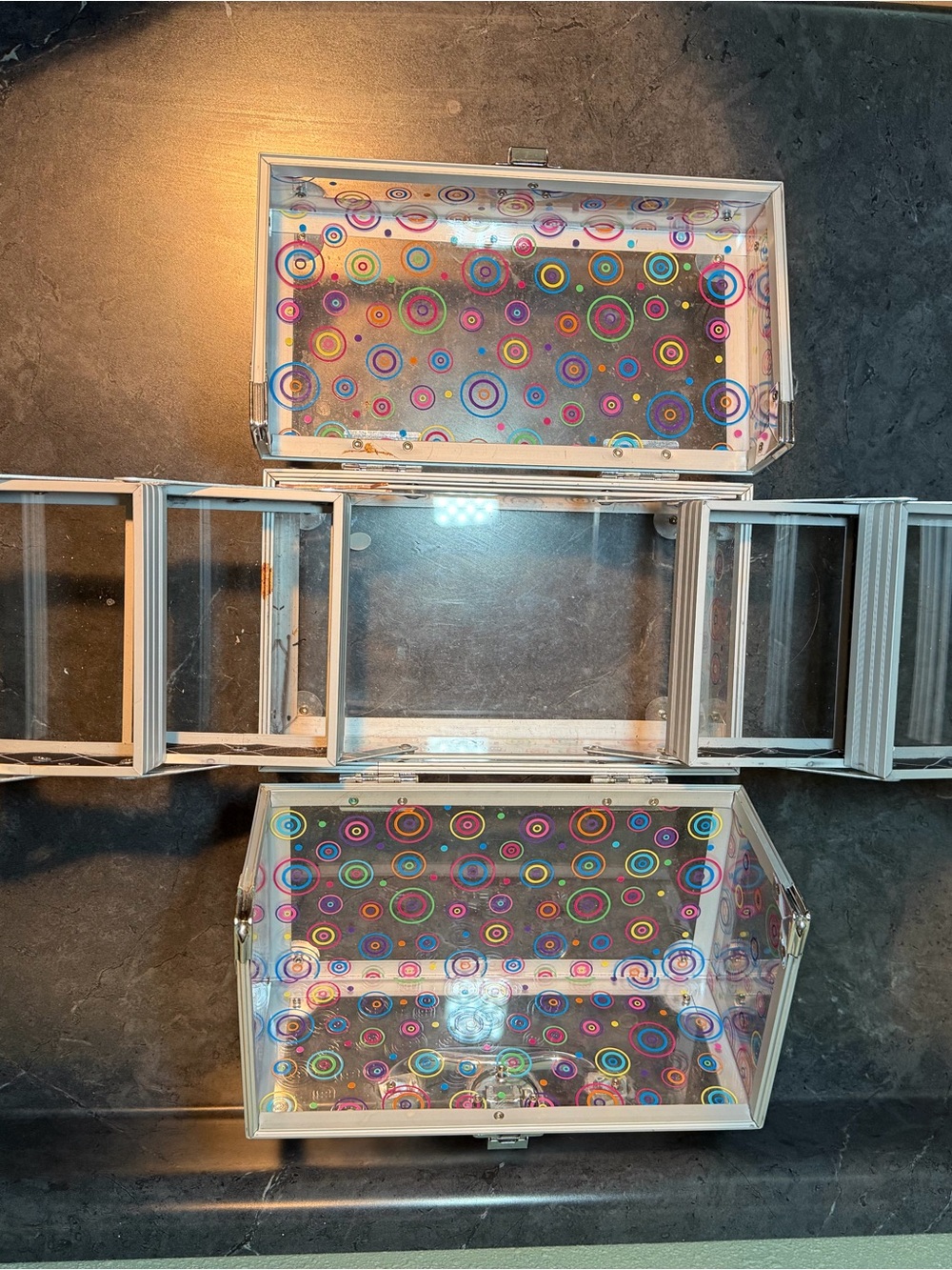Tiered Caboodles Clear Acrylic Makeup Train Case circle multicolor